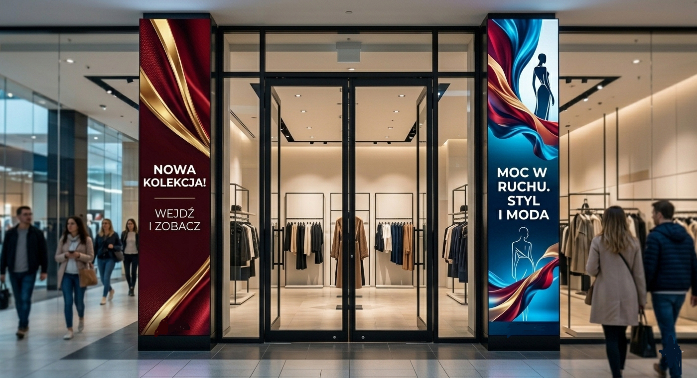 ekrany z reklamą przy wejściu do sklepu